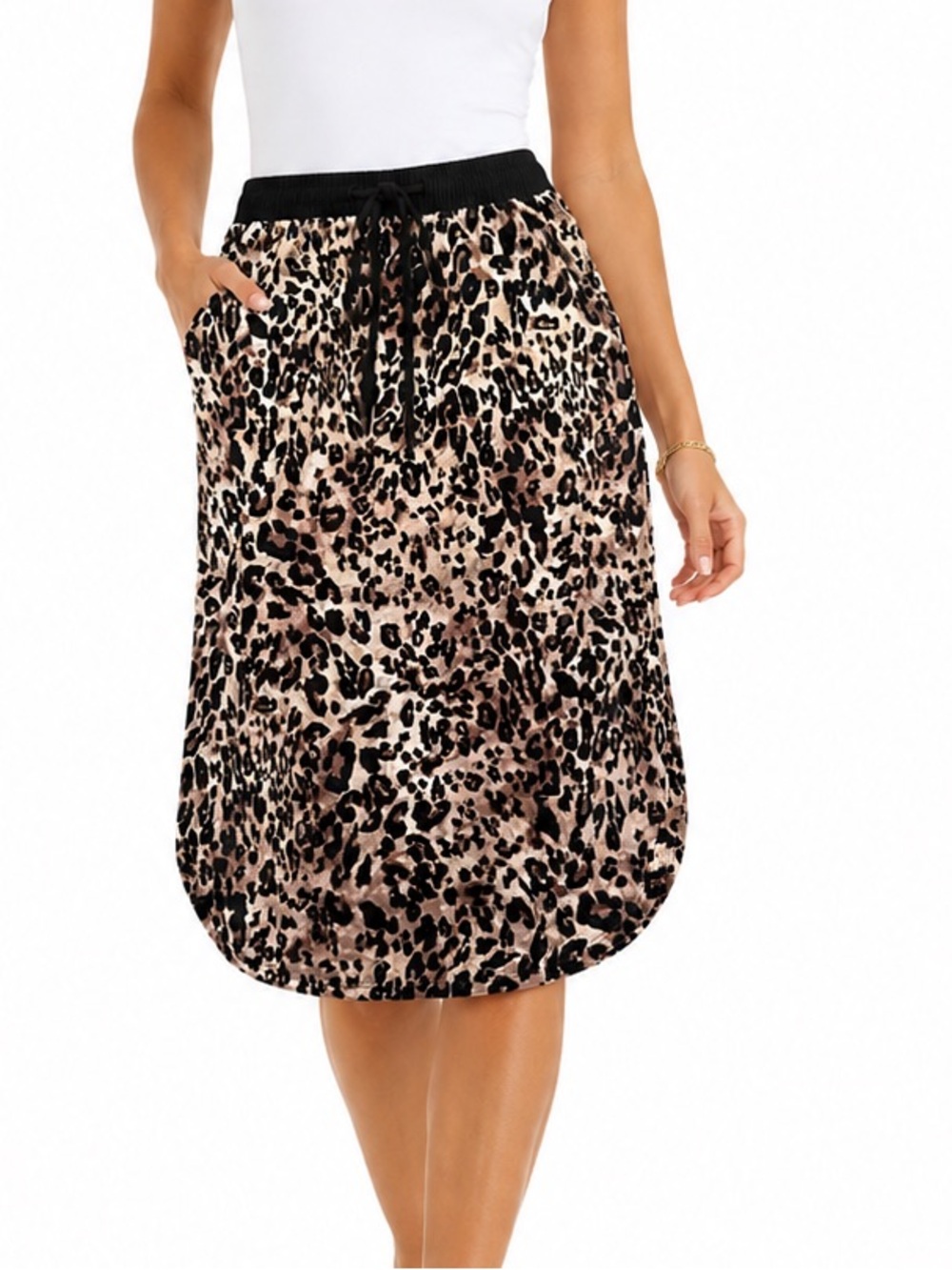 Leopard Print Drawstring Midi Skirt Stretch Waist Animal Print Velvety NWOT - M